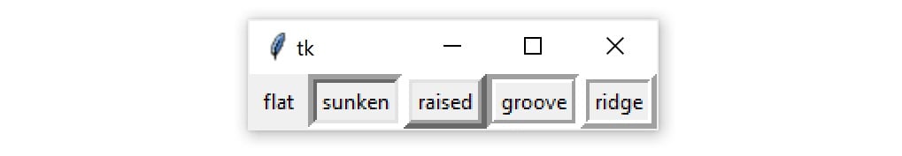 A Tkinter window containing 5 Frame widgets, each with one of the five relief values: tk.FLAT, tk.SUNKET, tk.RAISED, tk.GROOVE, and tk.RIDGE