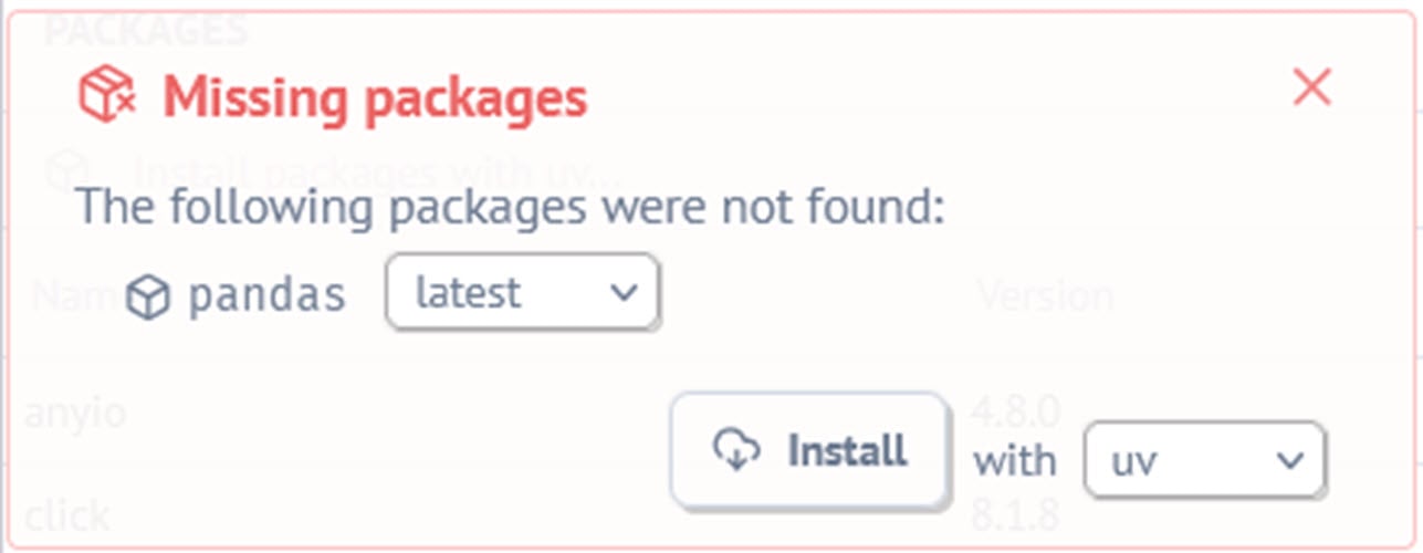 screenshot showing marimo offering to install a missing package.