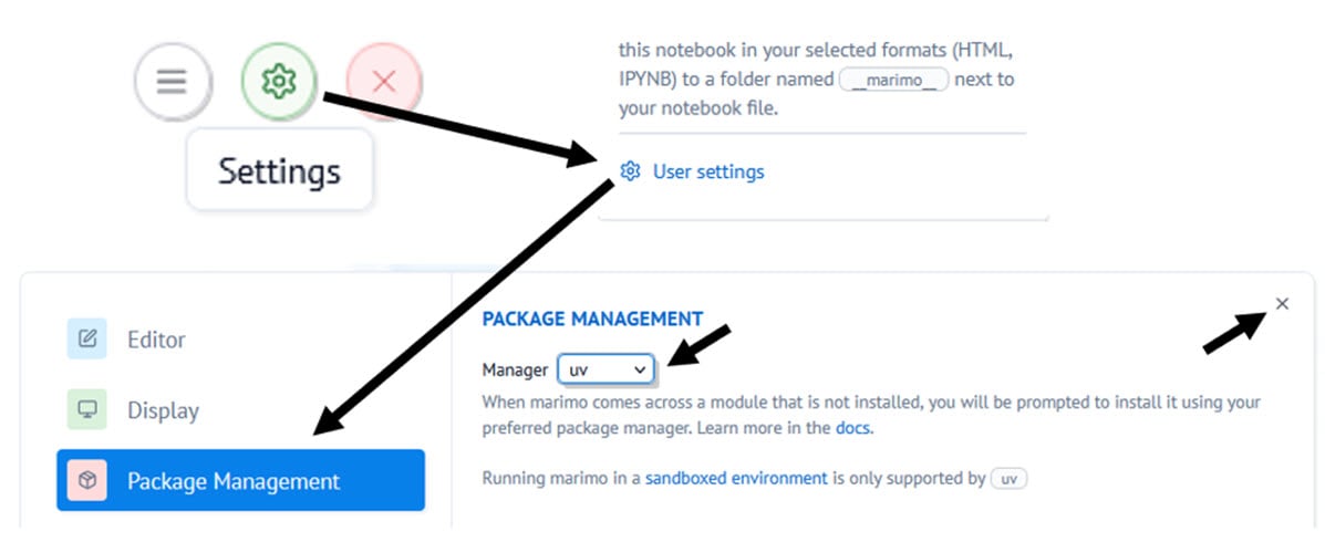 screenshot showing setting uv package manager to default