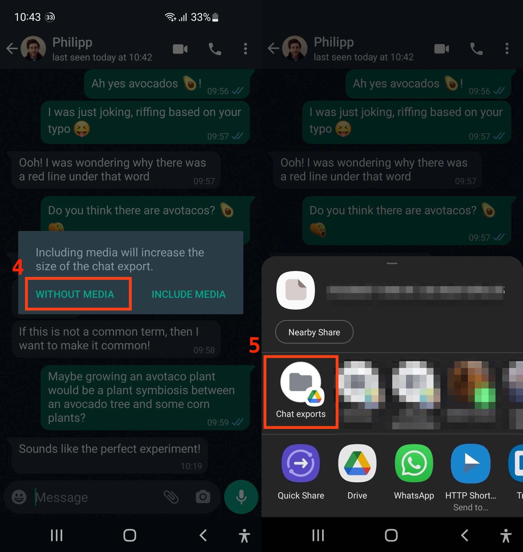 2 WhatsApp phone screenshots showing where to save an export file without media