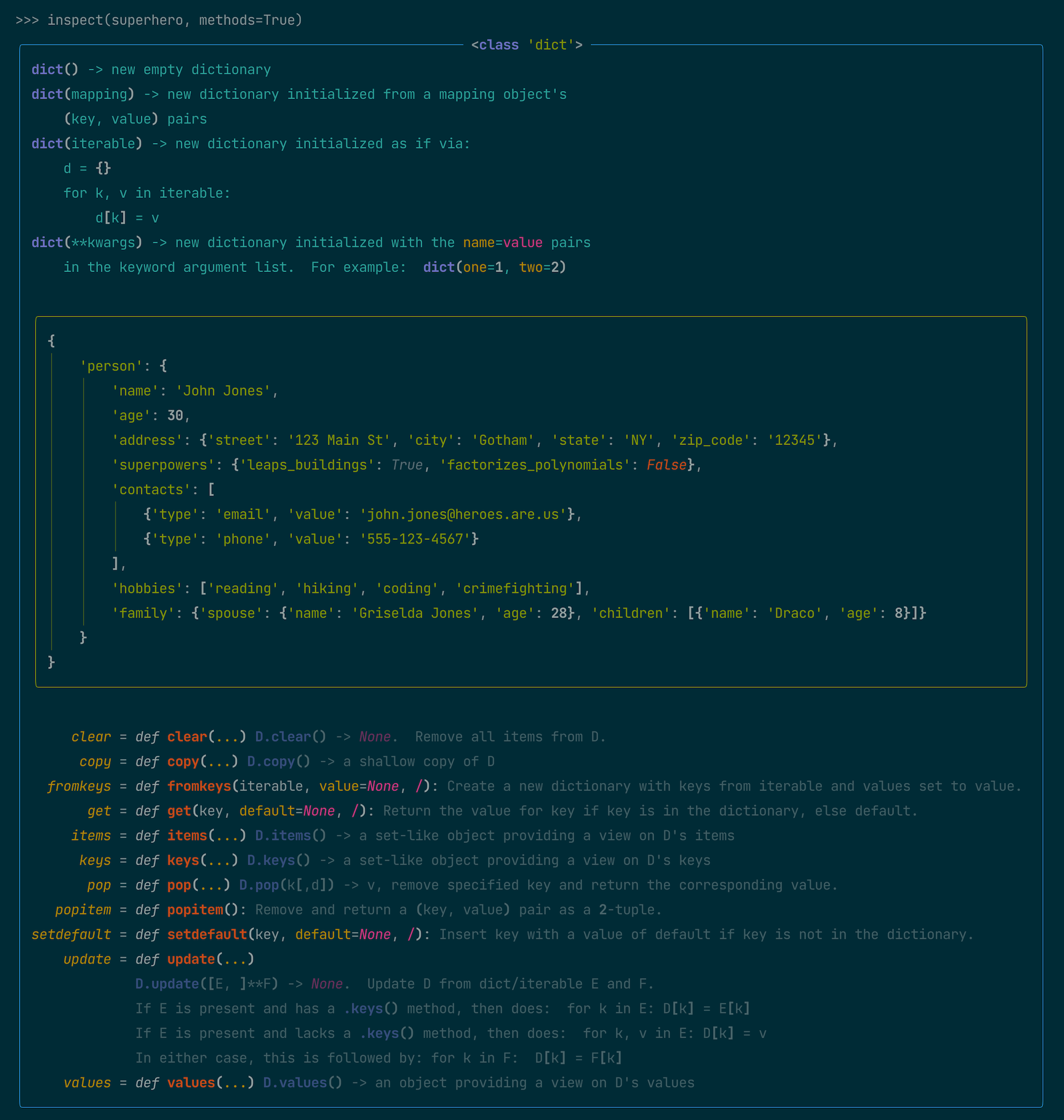 Rich.inspect() of the superhero data structure
