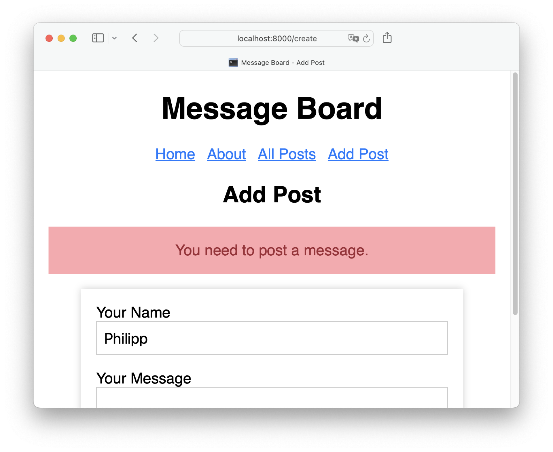 Page with an error message showing