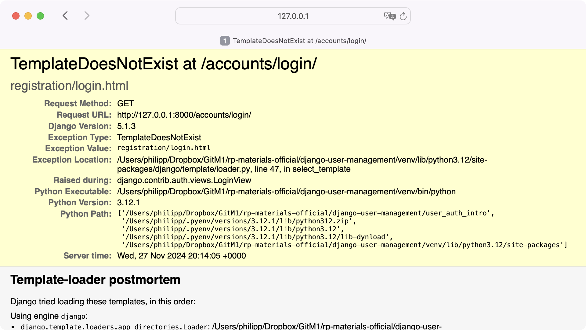 Django template error message