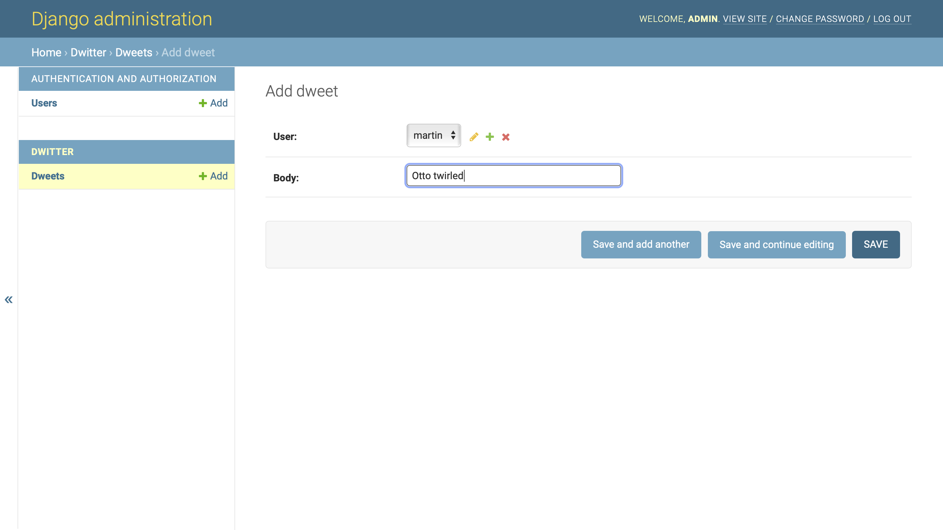 Add a new Dweet through the Django admin interface