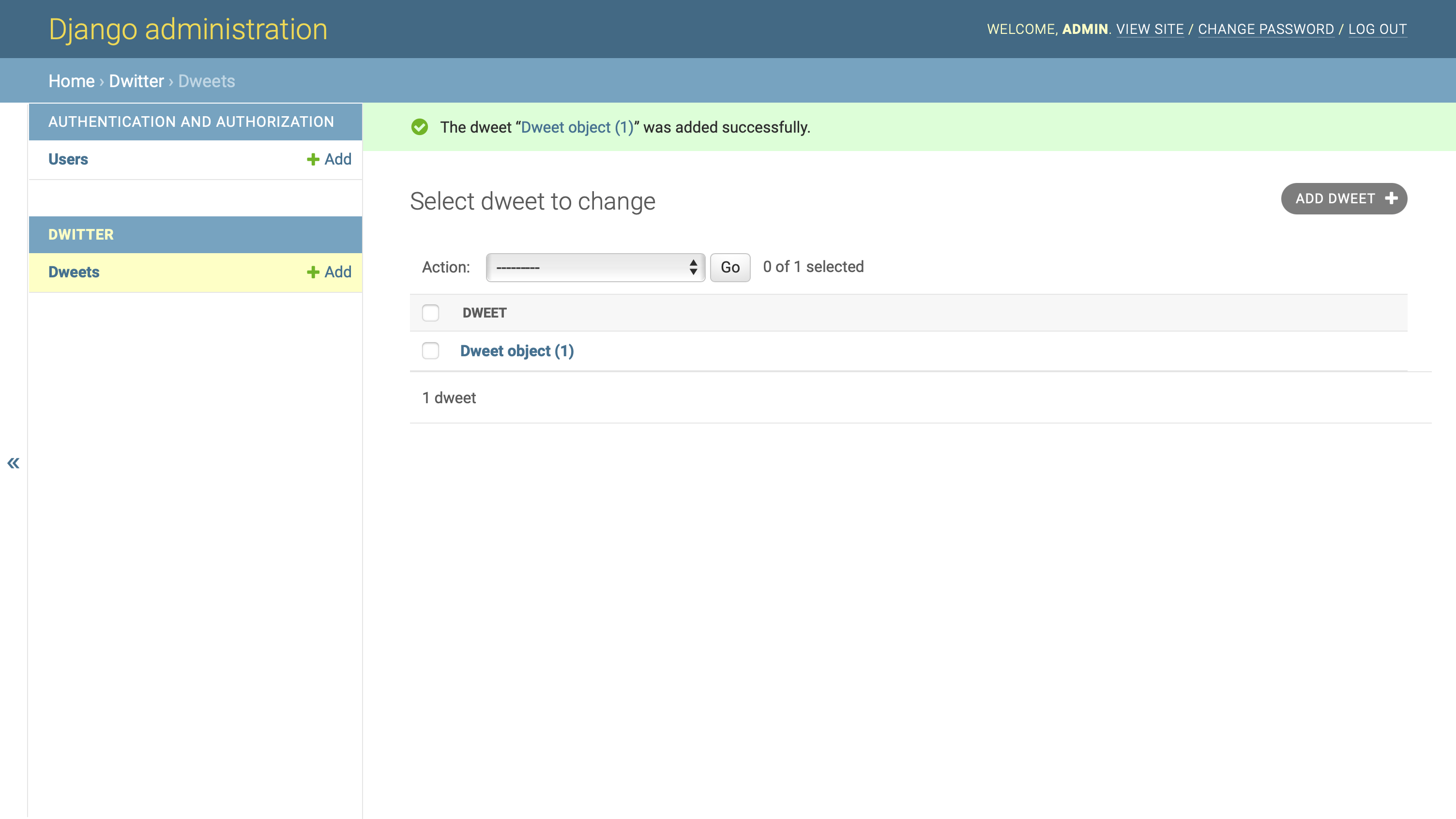 Django admin page showing a successfully added "Dweet object"