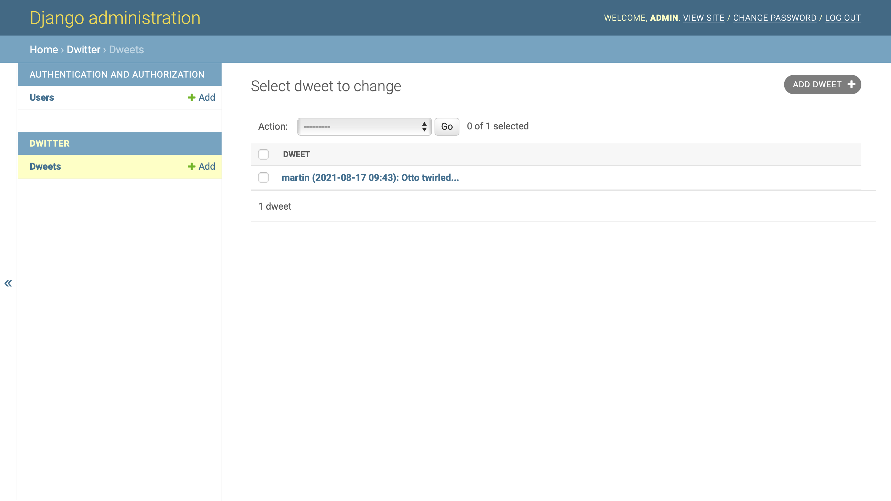 Django admin Dweet overview page showing an improved descriptive rendering of the Dweet object