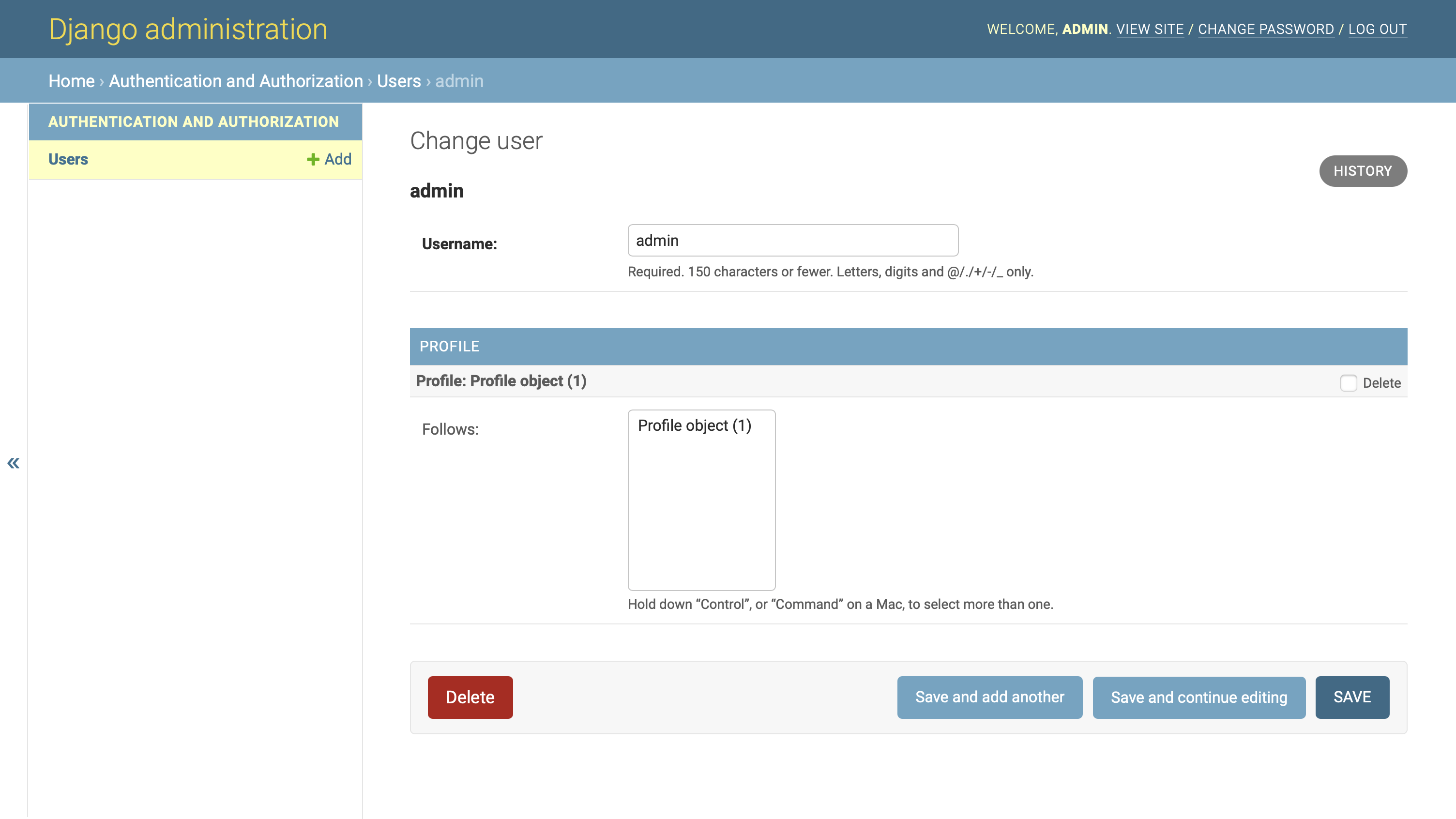 User change page in Django Admin interface showing the associated Profile model as a StackedInline