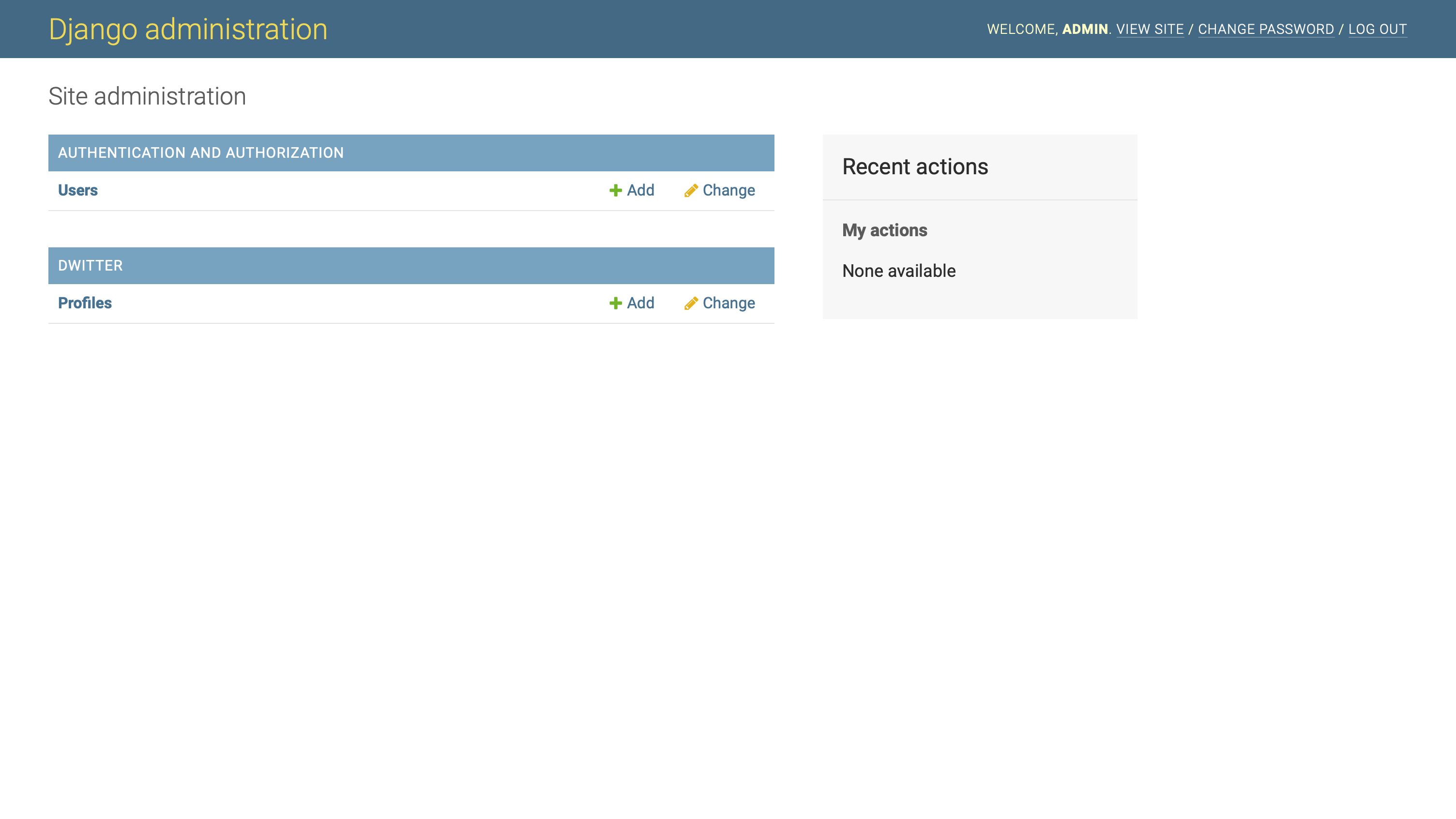 Django Admin interface main page showing the newly added Profile model