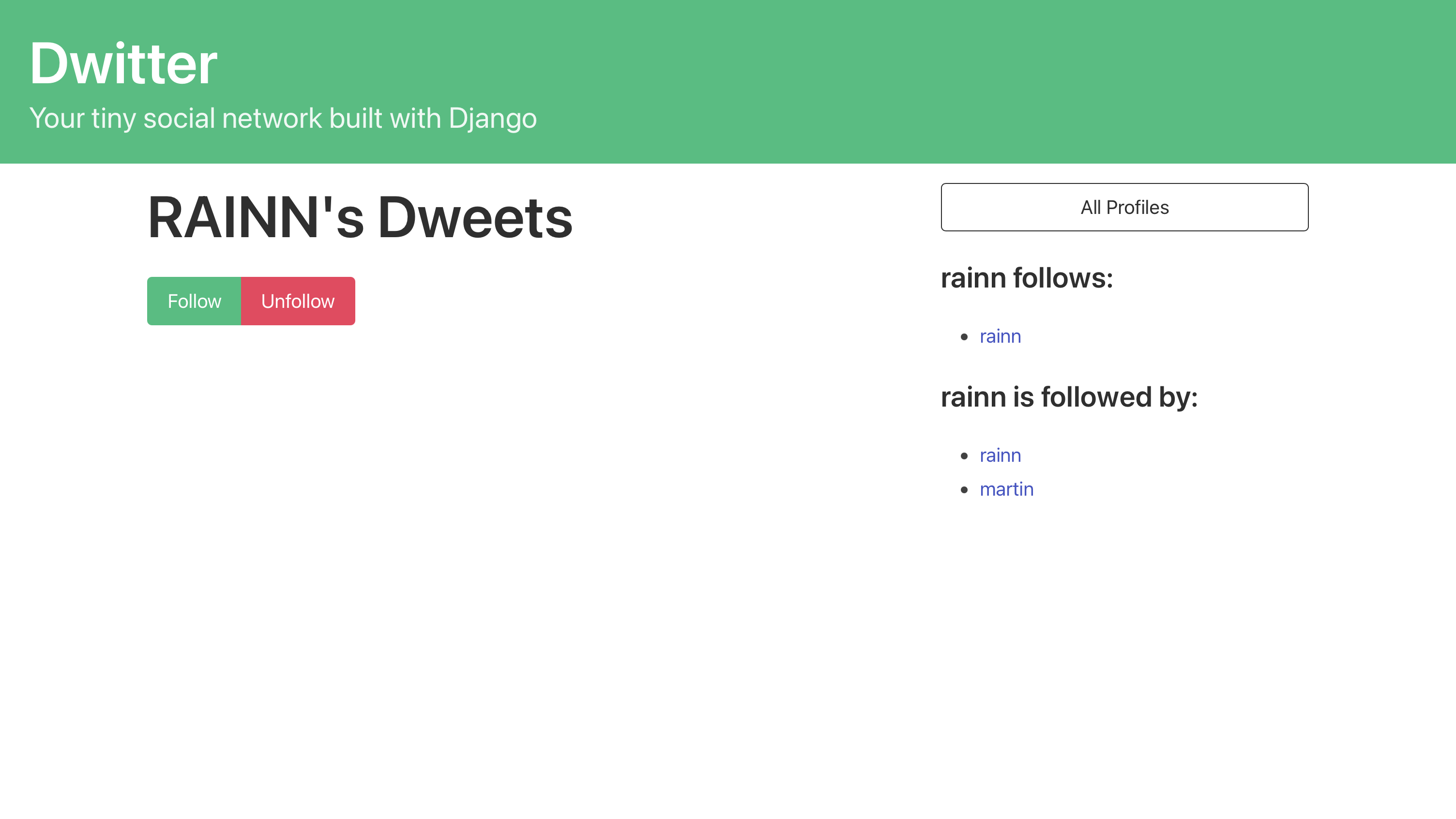 Profile detail page showing both the Follow and Unfollow button as clickable