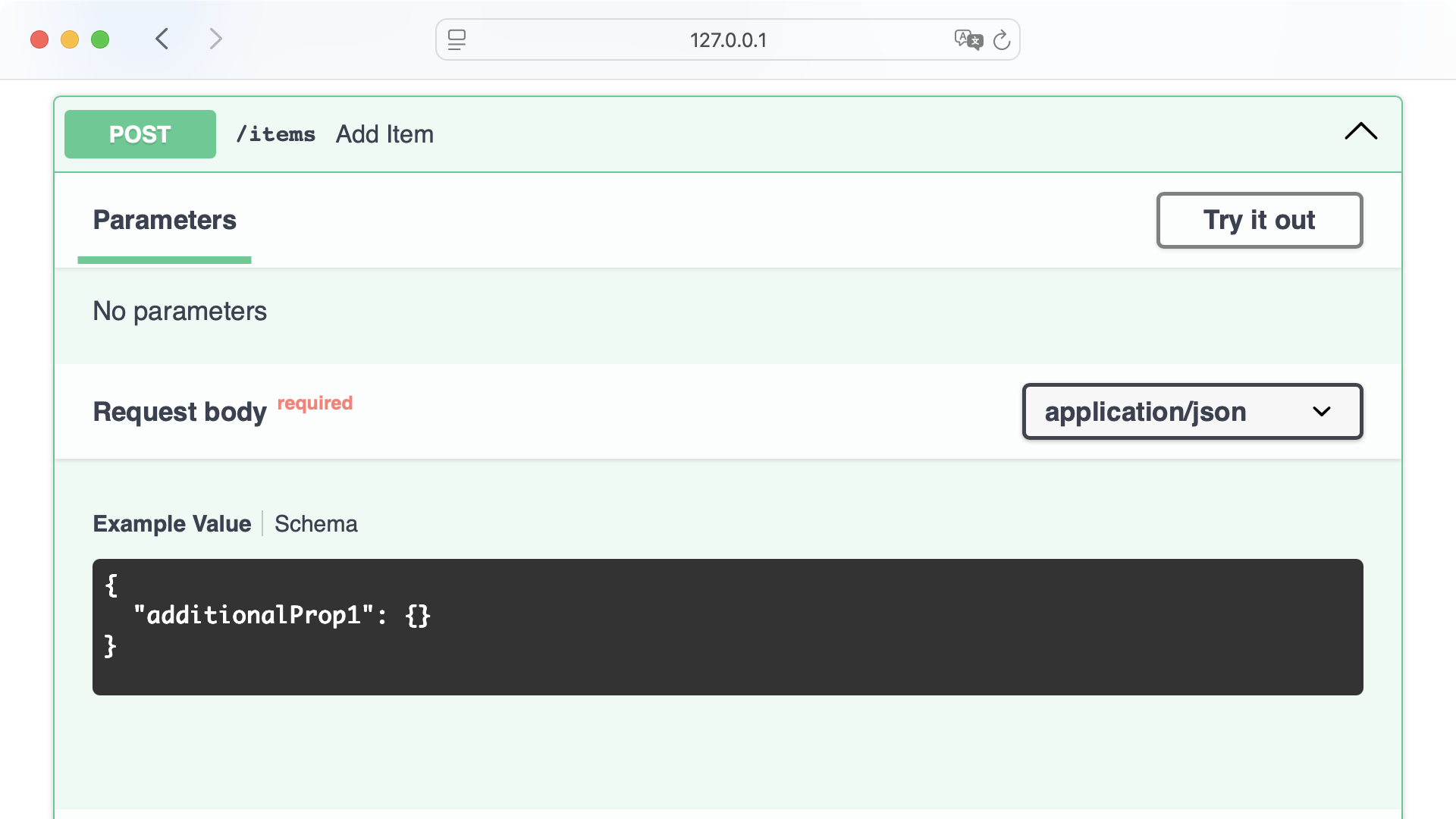 FastAPI Swagger Documentation showing an ambiguous schema