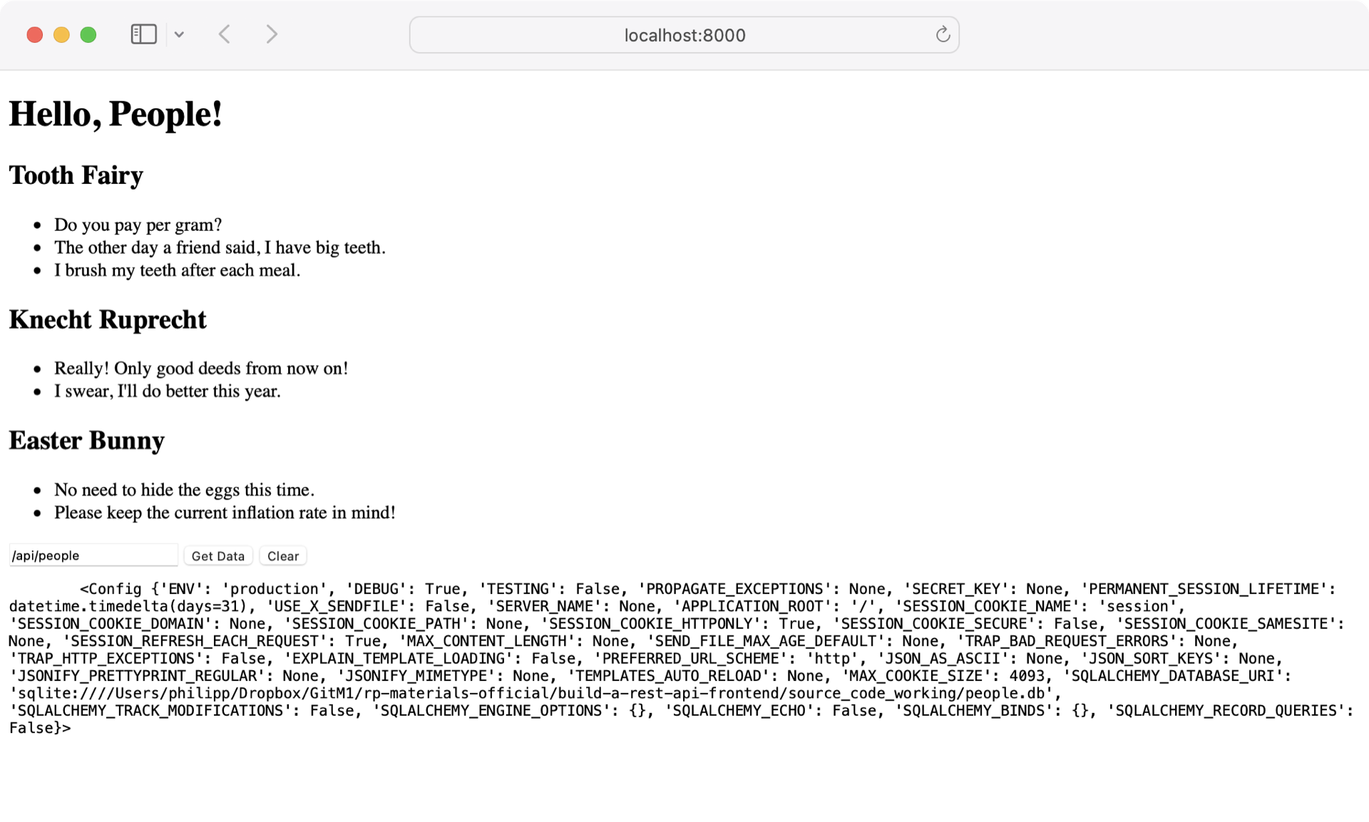 Screenshot of Flask website with debug information