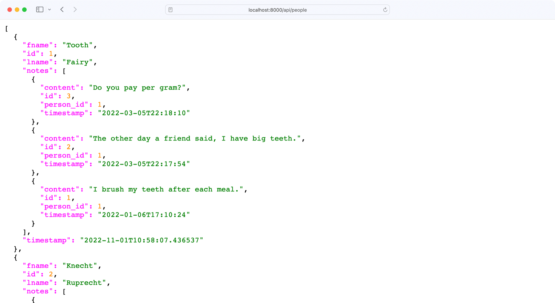 Screenshot of API response with people and notes
