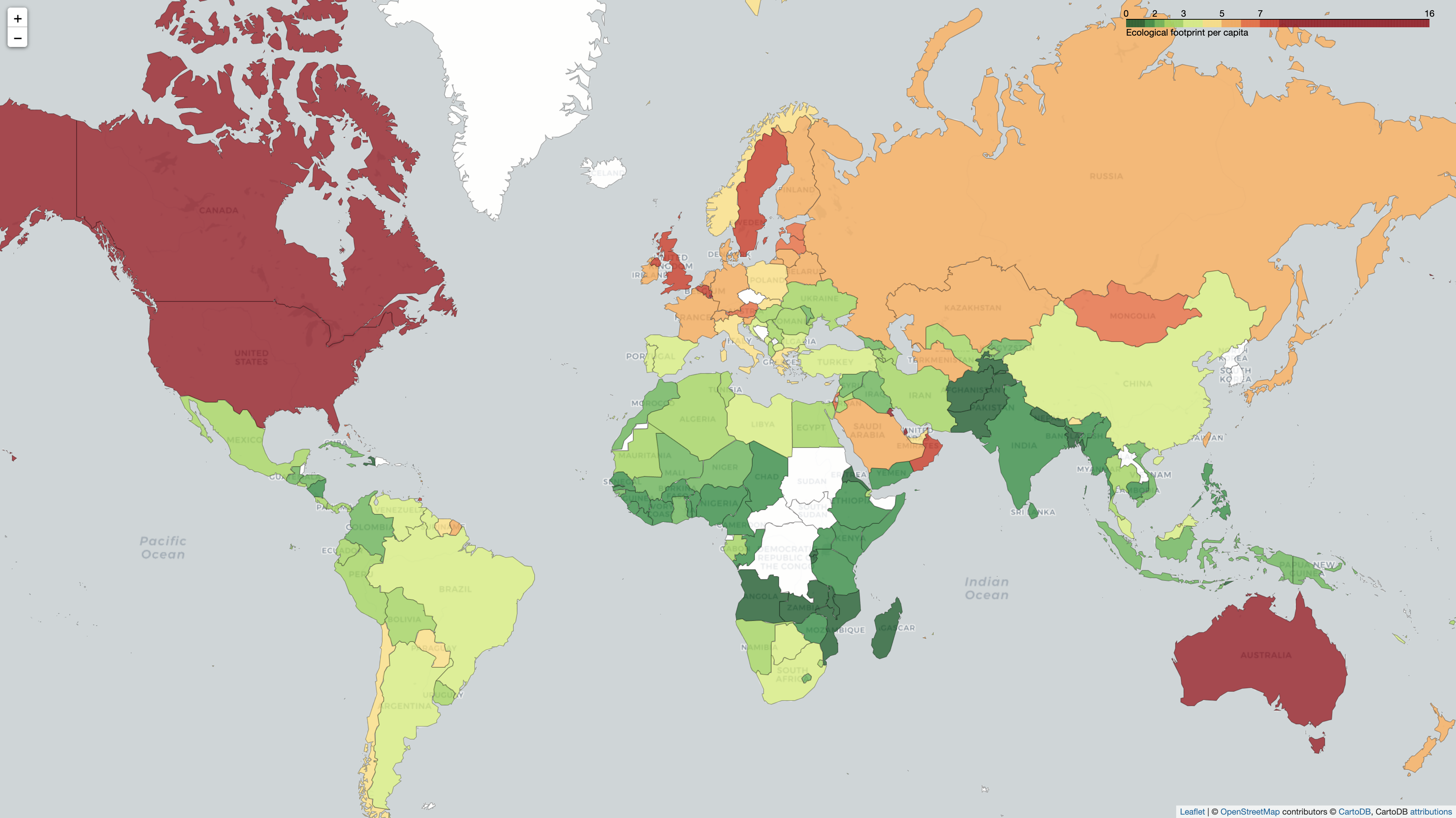 Folium map showing ecological footprint per capita after applying custom binning to better represent the impact of countries on the higher end of the spectrum