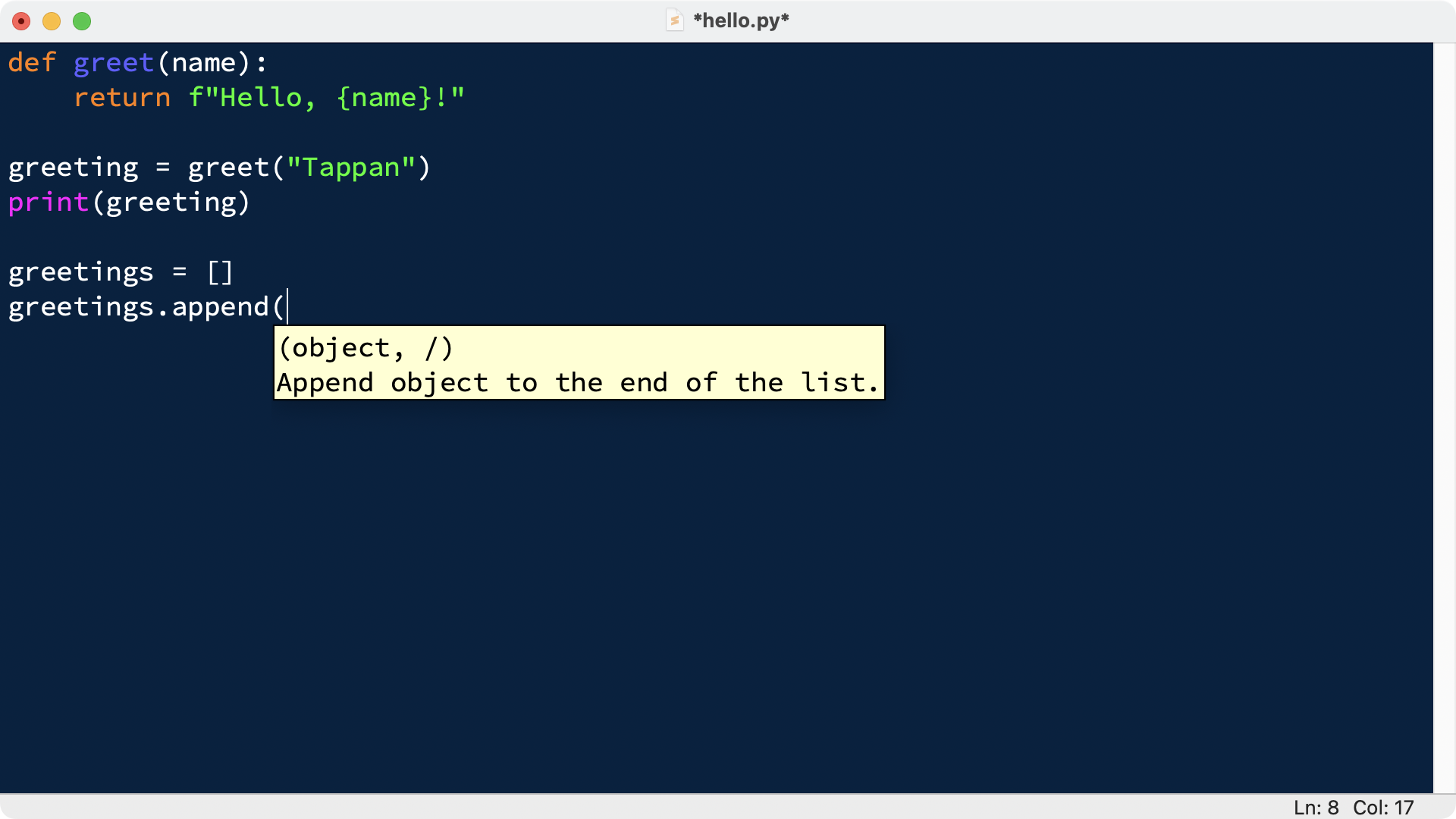 displays a simple call tip for the append method with a python list
