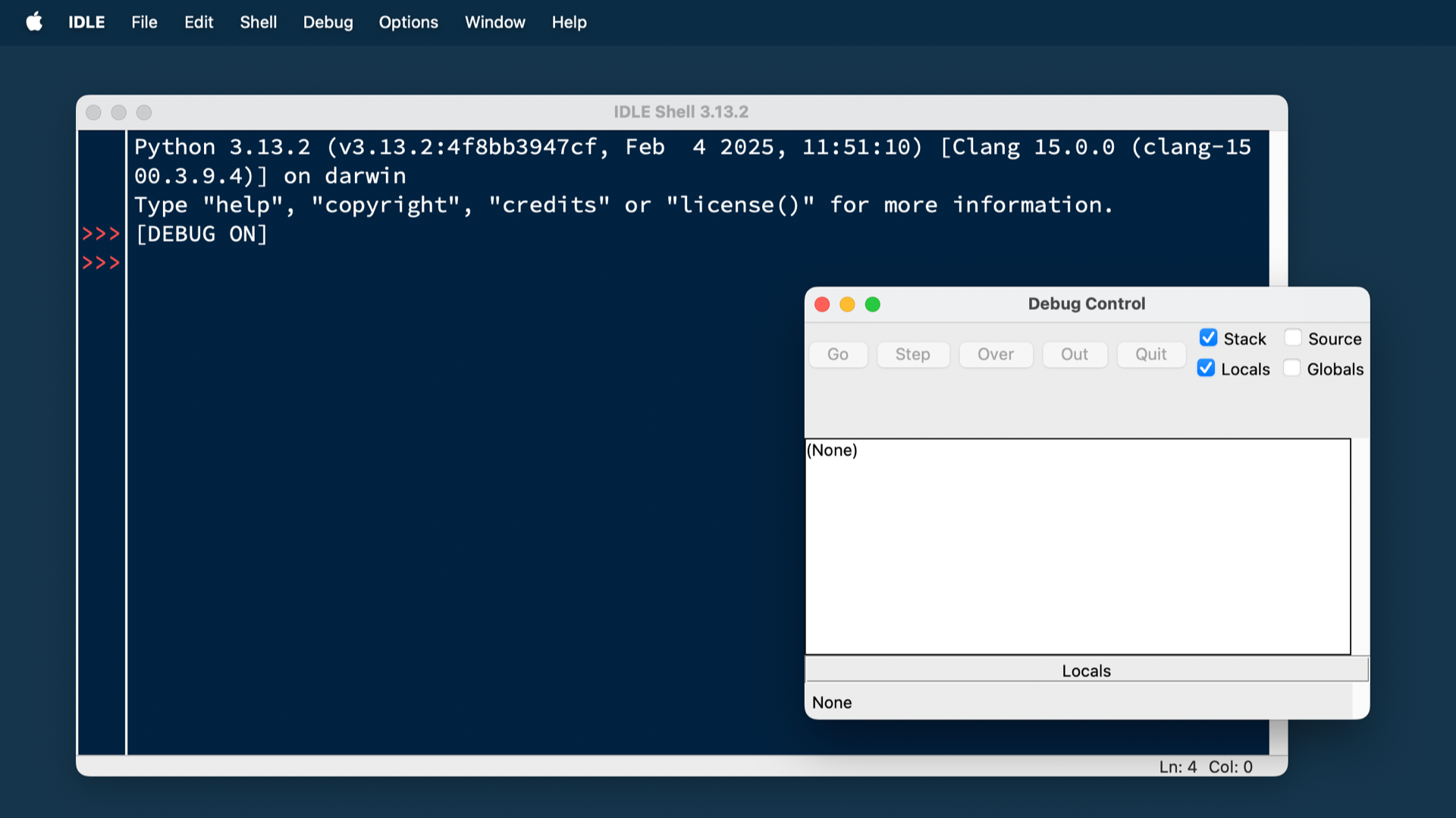 shows a blank debugger window in python idle