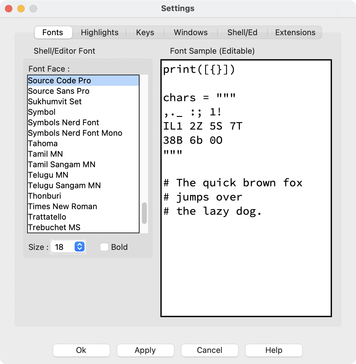 the font settings window of the idle customization pane