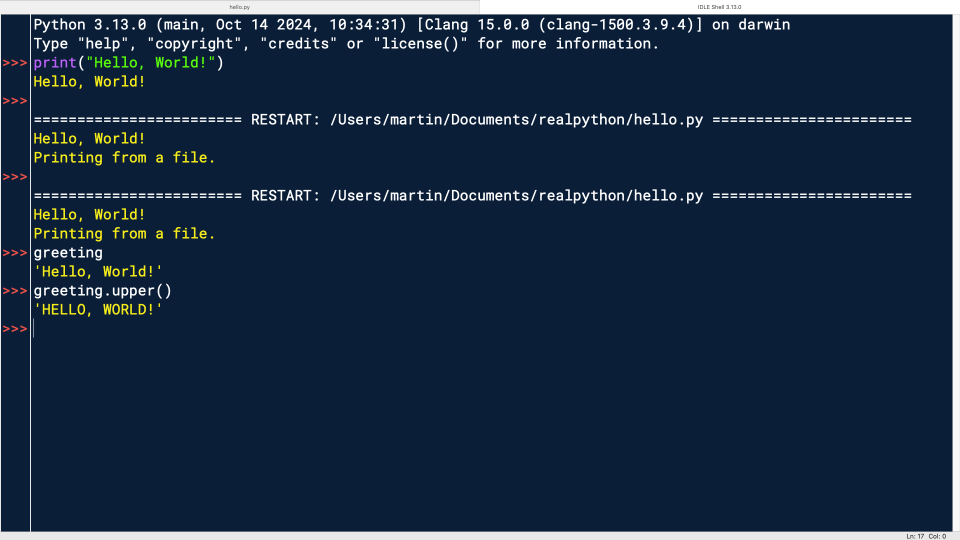 IDLE's interactive window showing program output and further REPL interactions