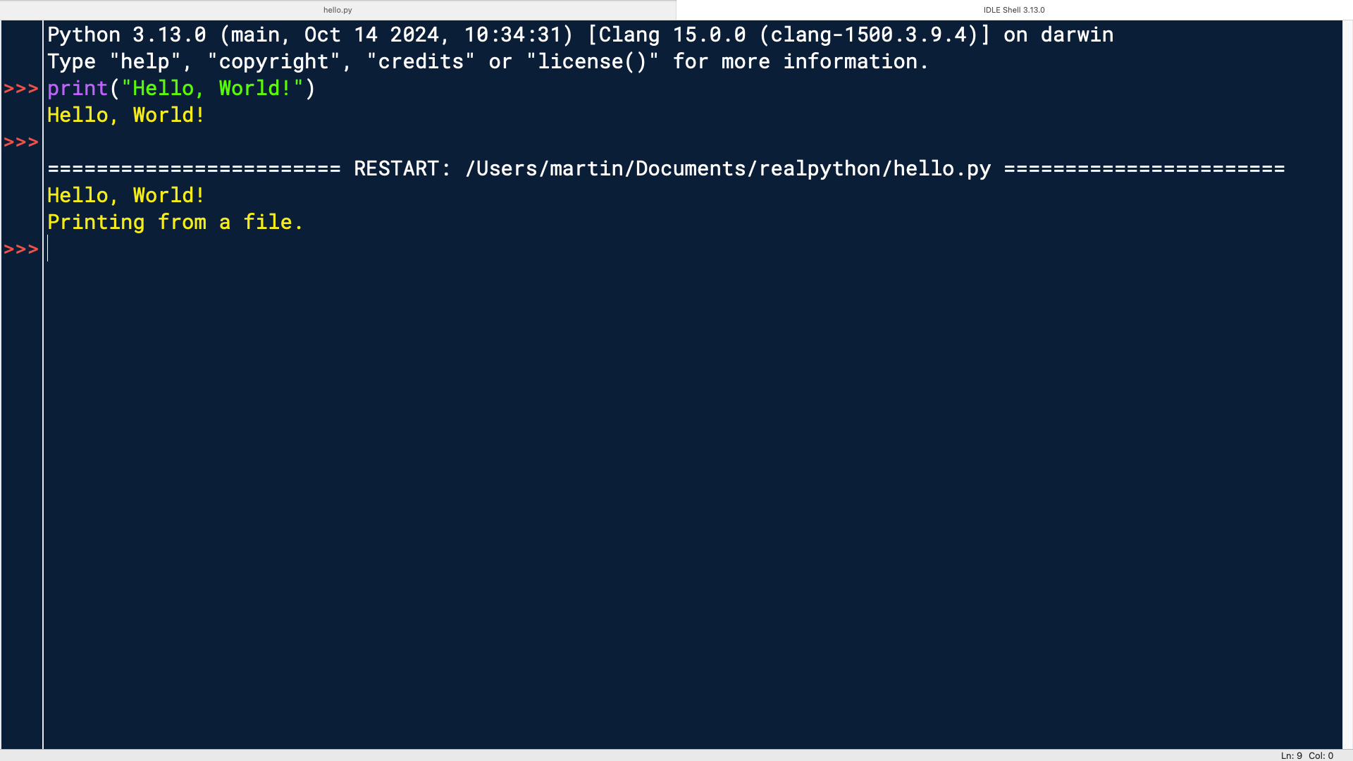 IDLE's interactive window showing the output of running a hello world script