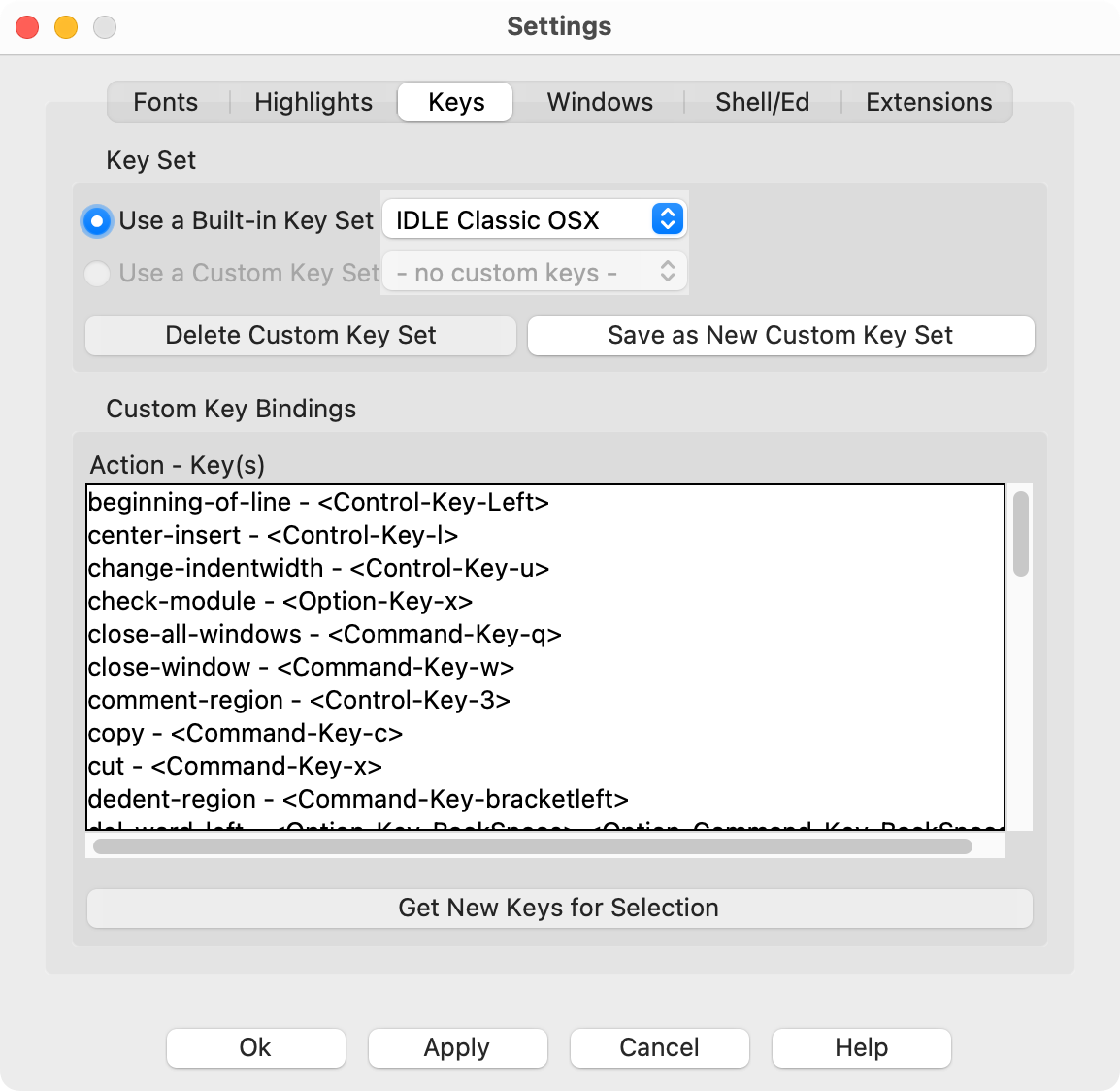 python idle settings keyboard shortcut customization pane