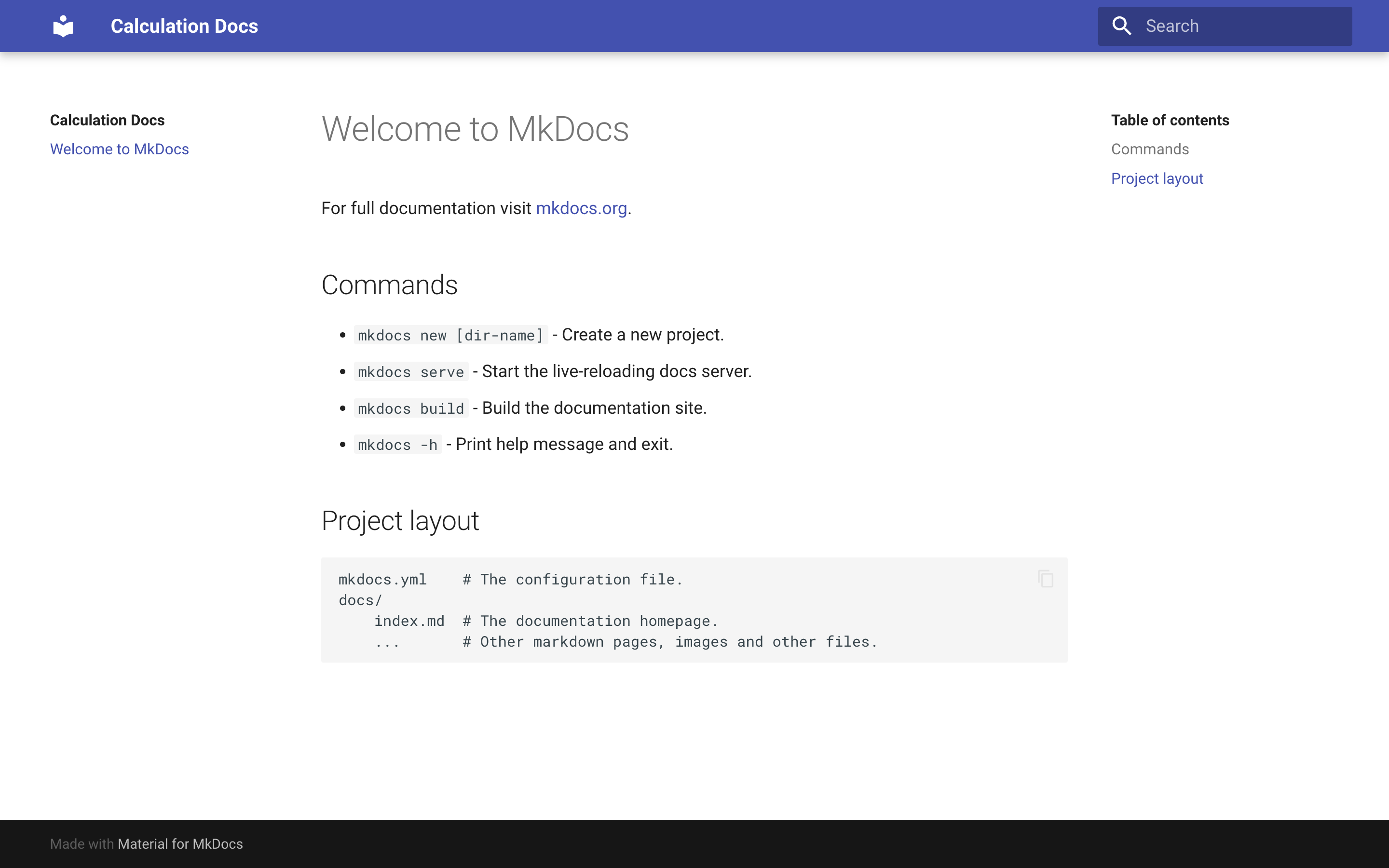 Default index page of MkDocs boilerplate project using mkdocs-material theme and a custom title
