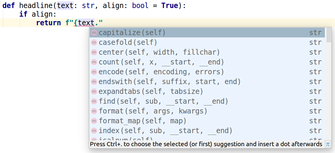 Code completion in PyCharm on a typed variable