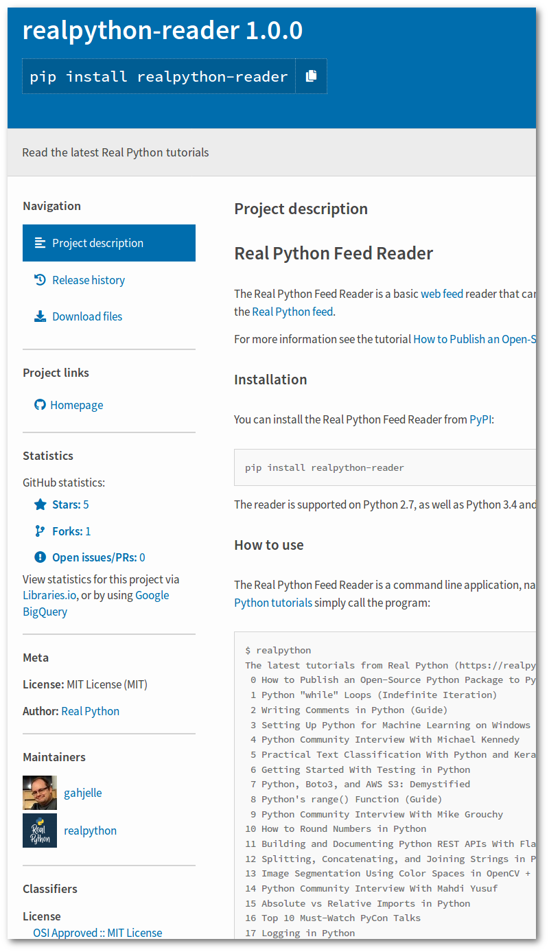 Information about the `realpython-reader` package at PyPI