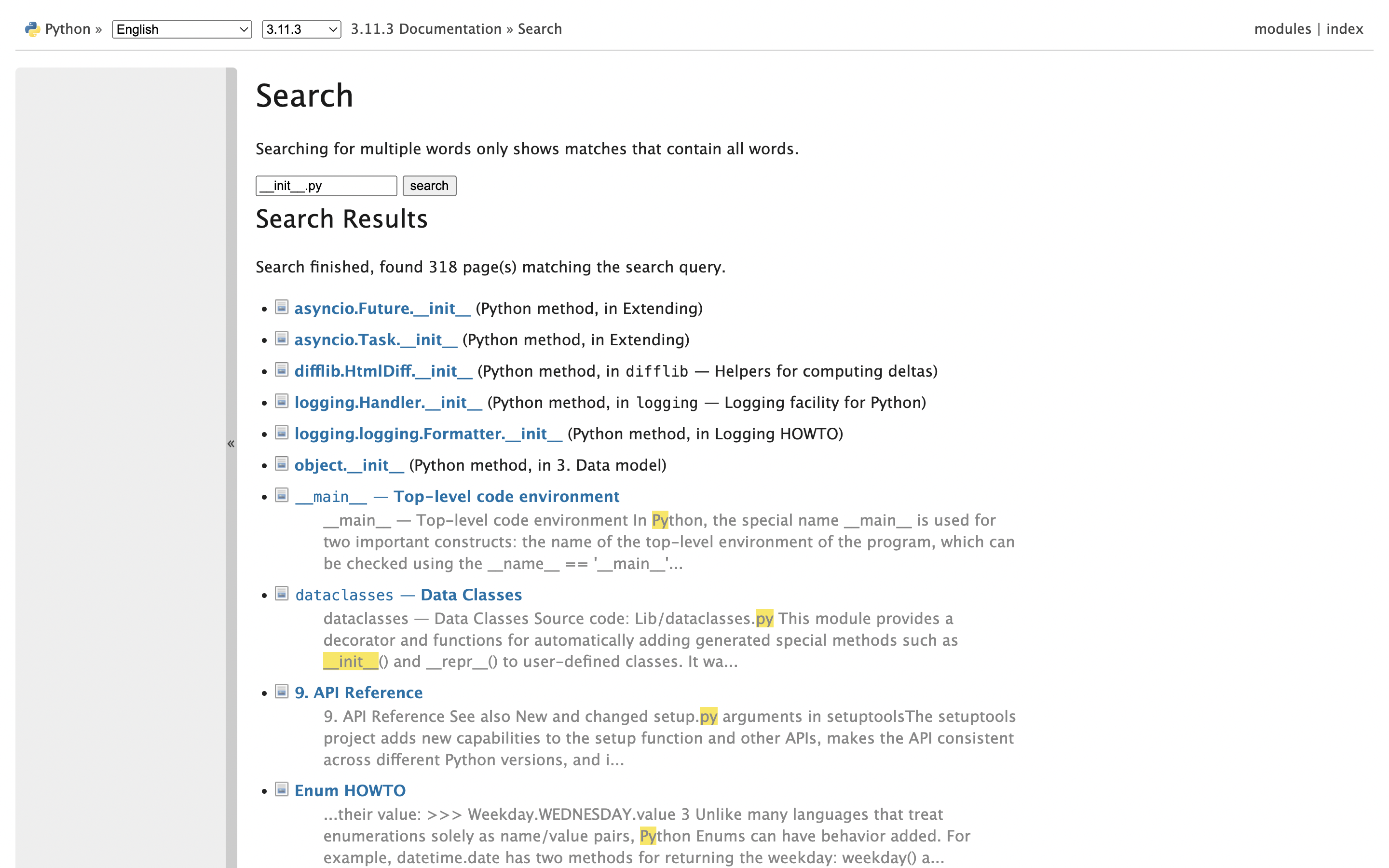 Python documentation search results for "__init__.py" that show unrelated results