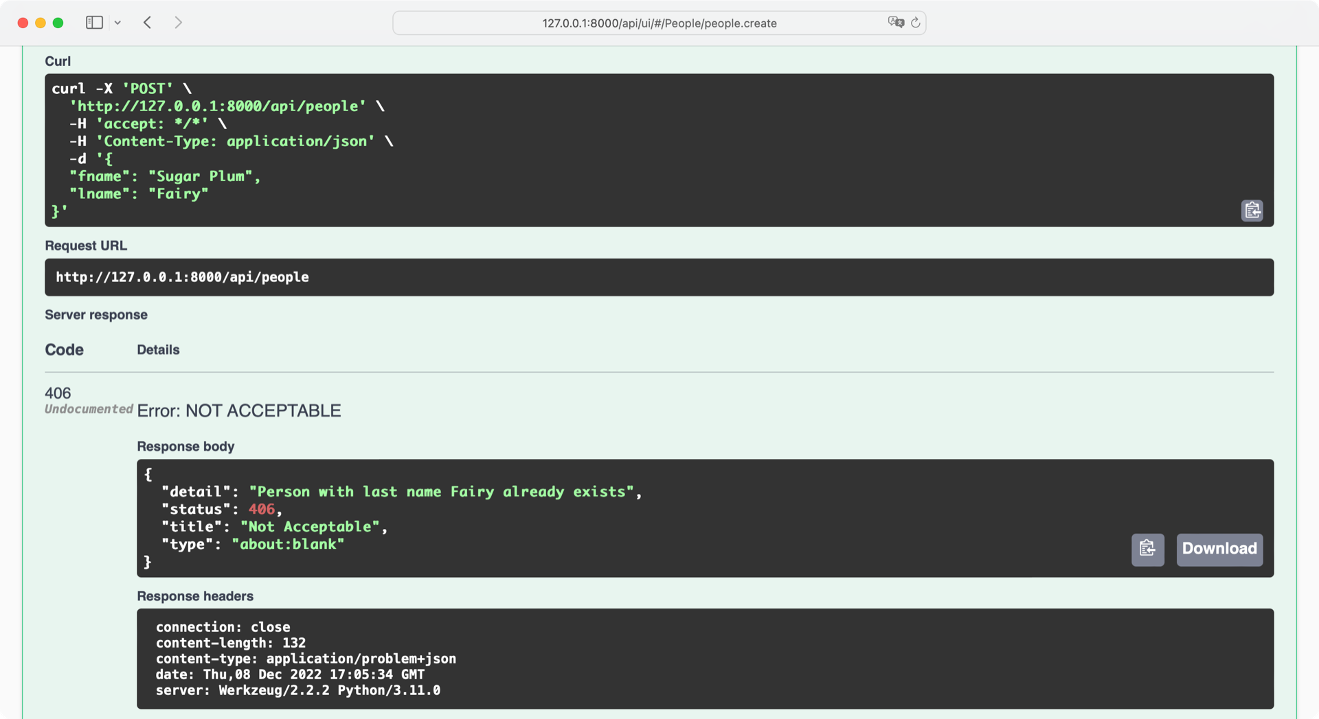 Screenshot of Swagger UI with an API error