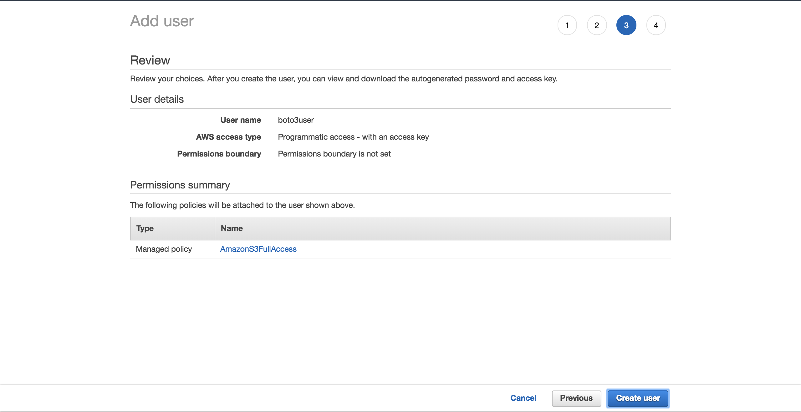 aws s3 IAM user finish creation