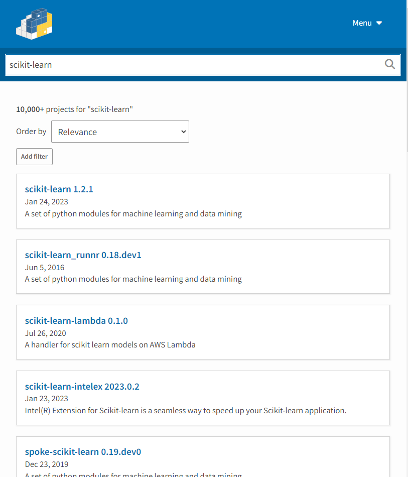 The PyPI results page after searching for "scikit-learn"