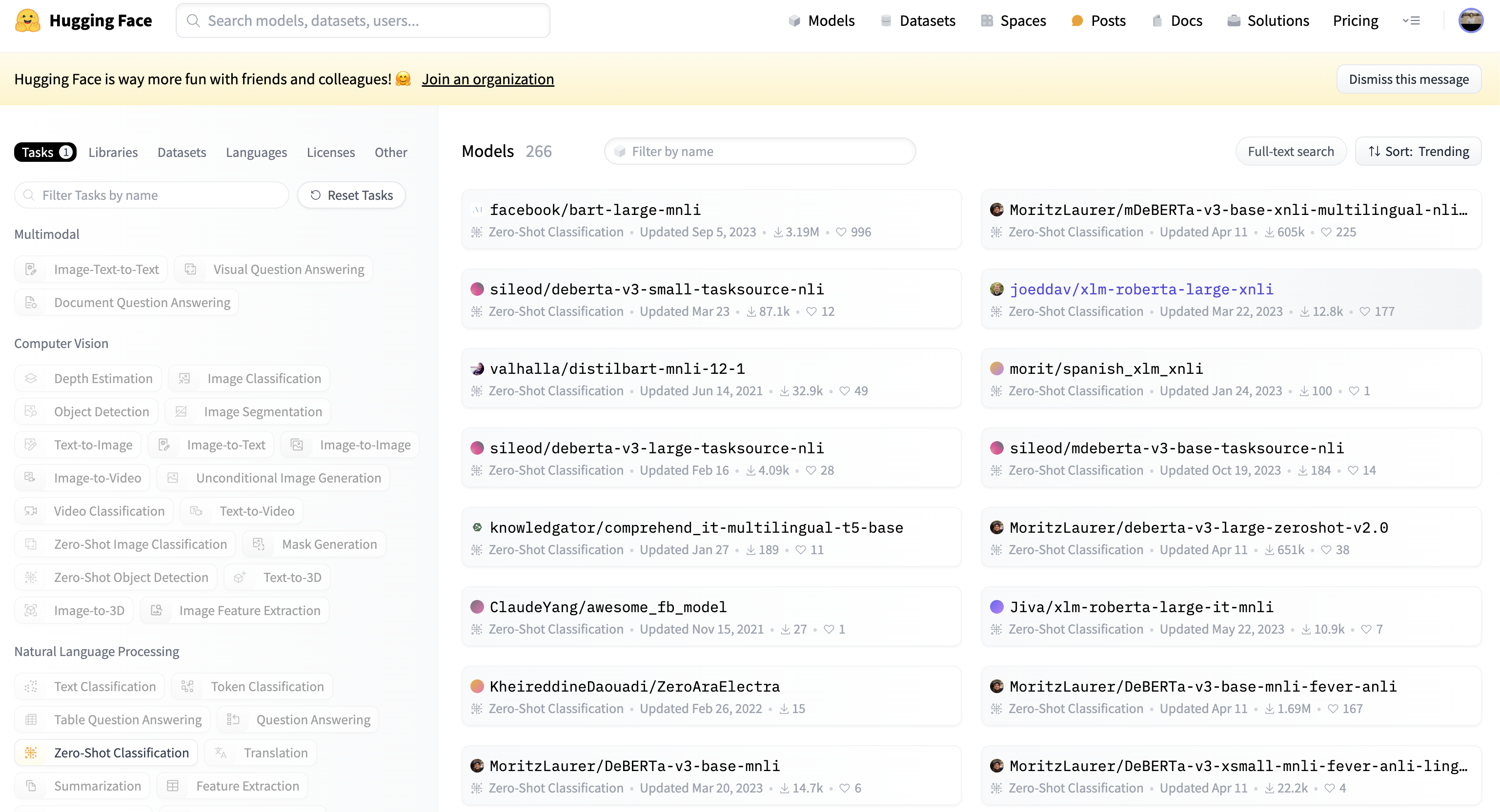 HuggingFace Models page filtered to zero-shot text classification