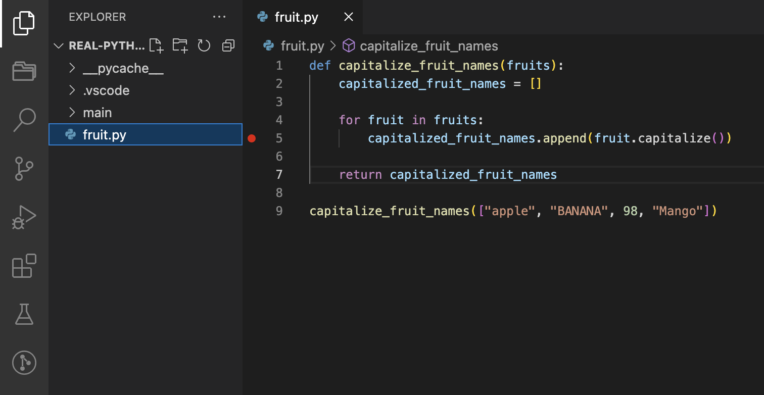 Python code showing the red dot when debugging with breakpoints in Visual Studio Code