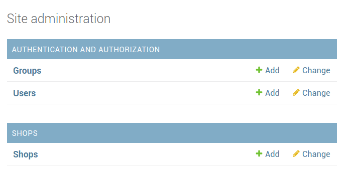 Admin interface, shop app