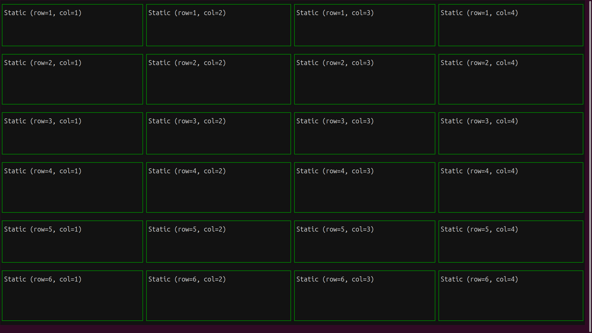 Textual UI showing multiple Static widgets in a Grid layout