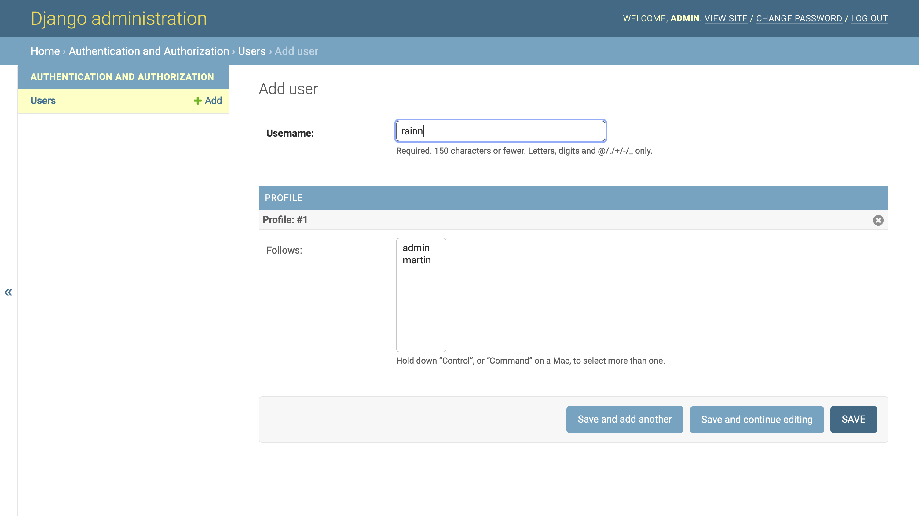 Creating a new user object with additional profile and follows
