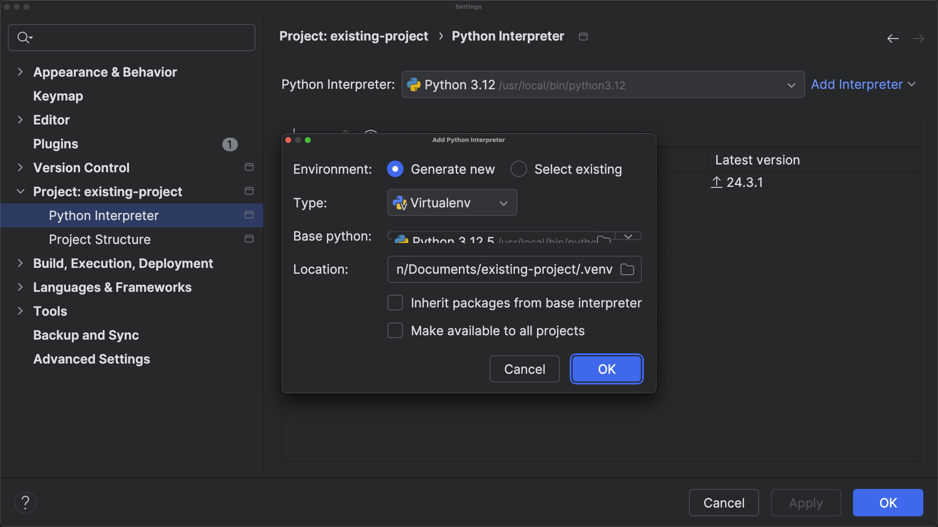 Pop up window in PyCharm giving you the option to create a new Python interpreter