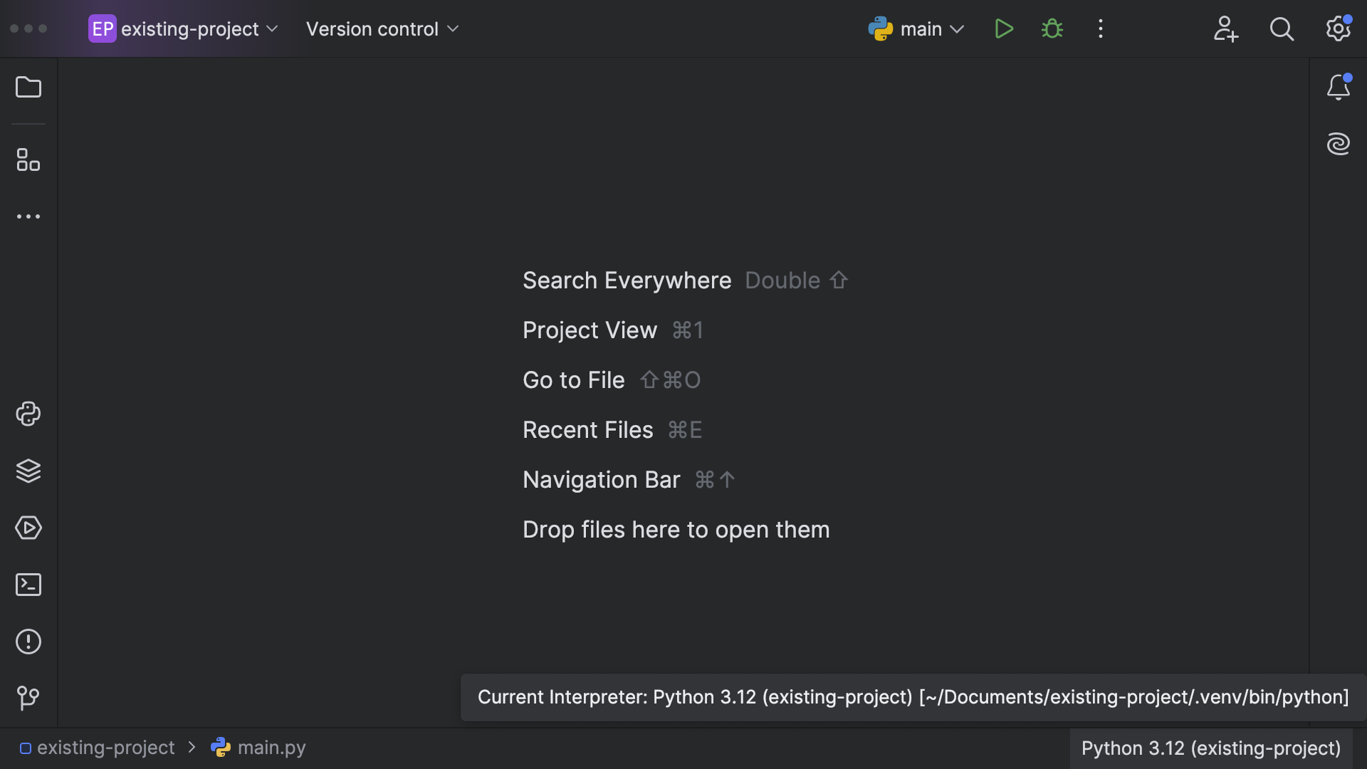 PyCharm main project window showing an activated virtual environment path when hovering over the Python interpreter name in the bottom right corner