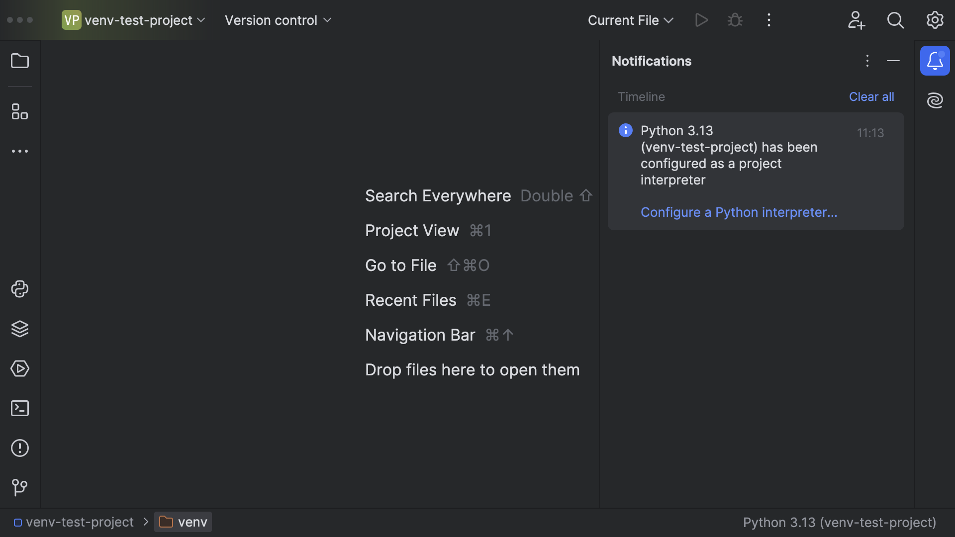 PyCharm interface showing an activated virtual environment after opening a project that already has a virtual environment