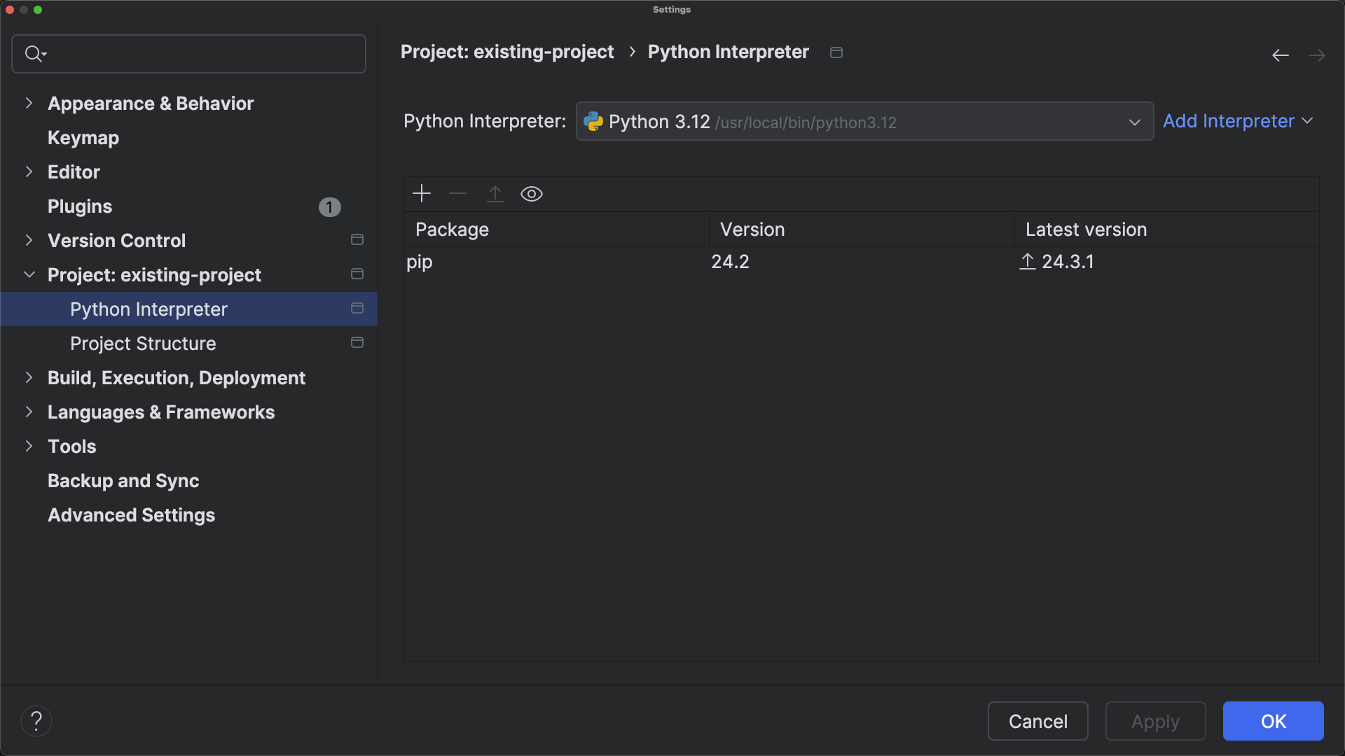 Project settings of a PyCharm project with the Python Interpreter setting selected in the side bar