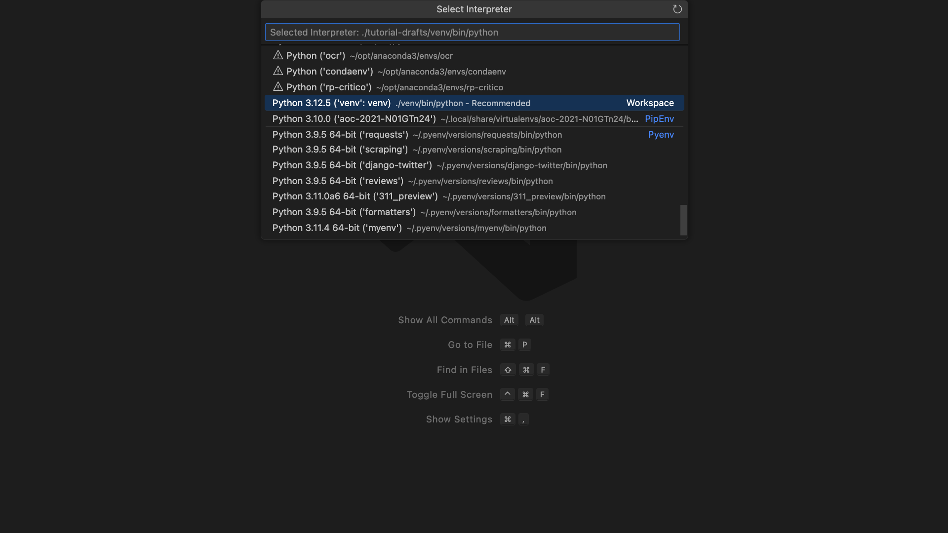 A view on the VS Code command palette displaying a drop down to select a Python interpreter from multiple options