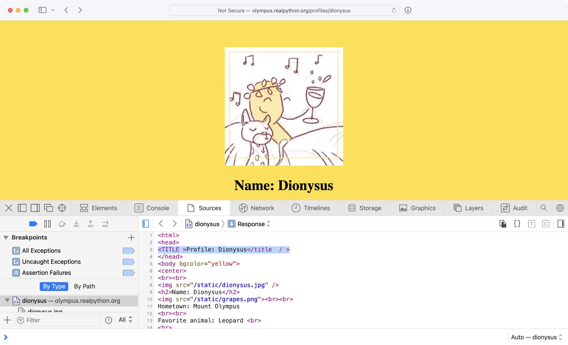 Screenshot of Dionysos Website with Source Code.
