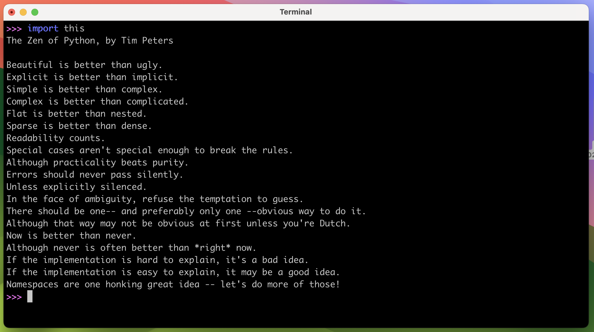 Zen of Python in a REPL Session